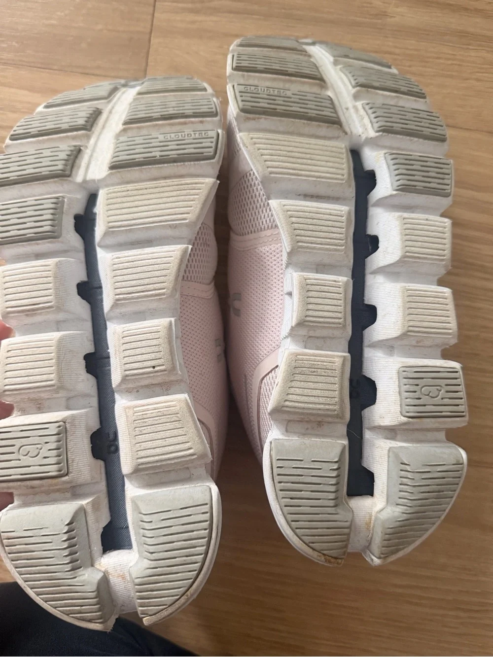 On Running woman’s Athletic Shoes in Pale Pink and Light Gray